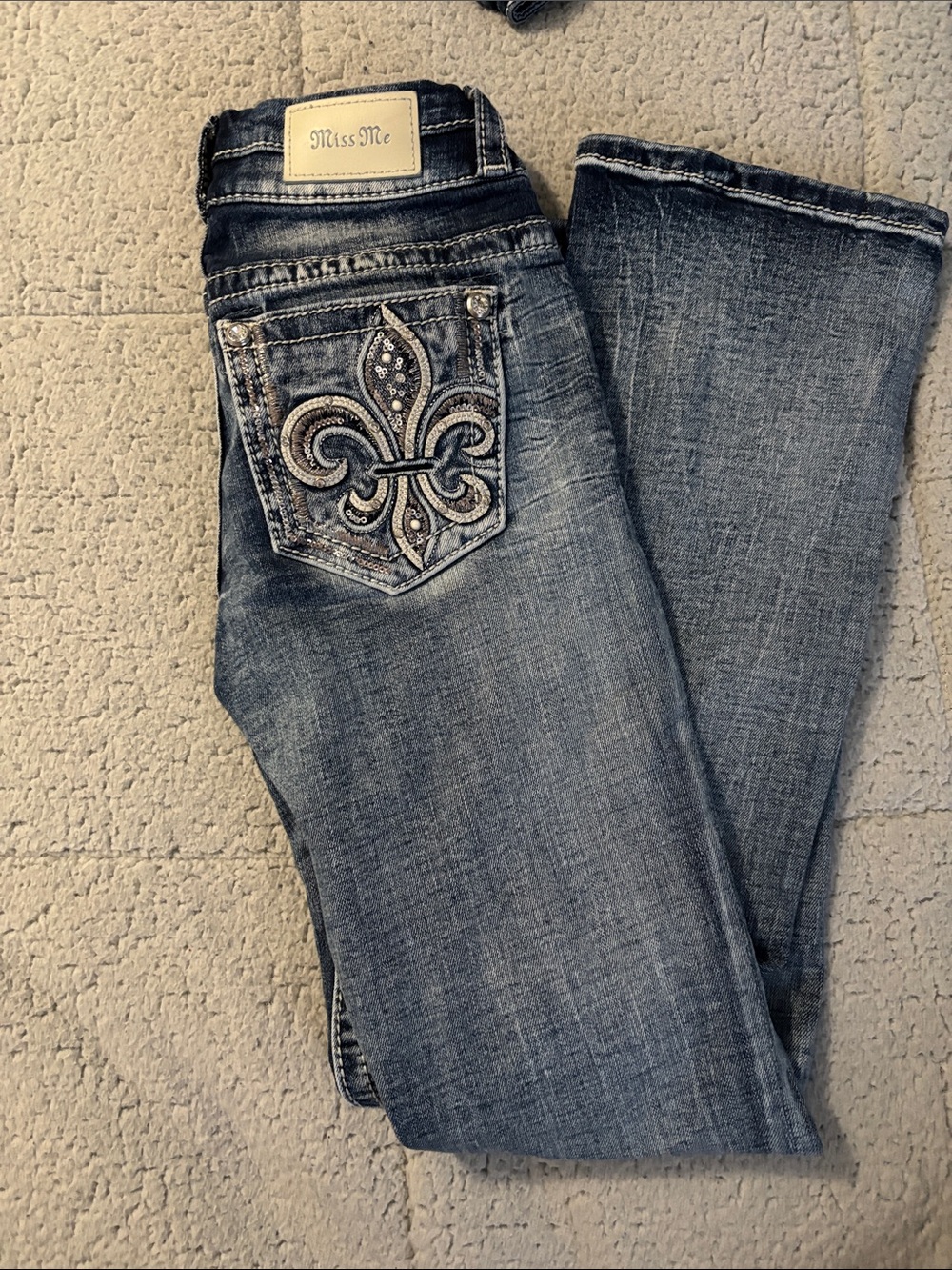 Miss Me Blue Embroidered Fleur de Lis Boot Cut Jeans